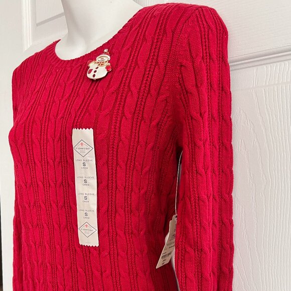 St. John's Bay Crew Neck Cable Knit Cotton Sweater Red Long Sleeve NEW Small - Picture 2 of 9